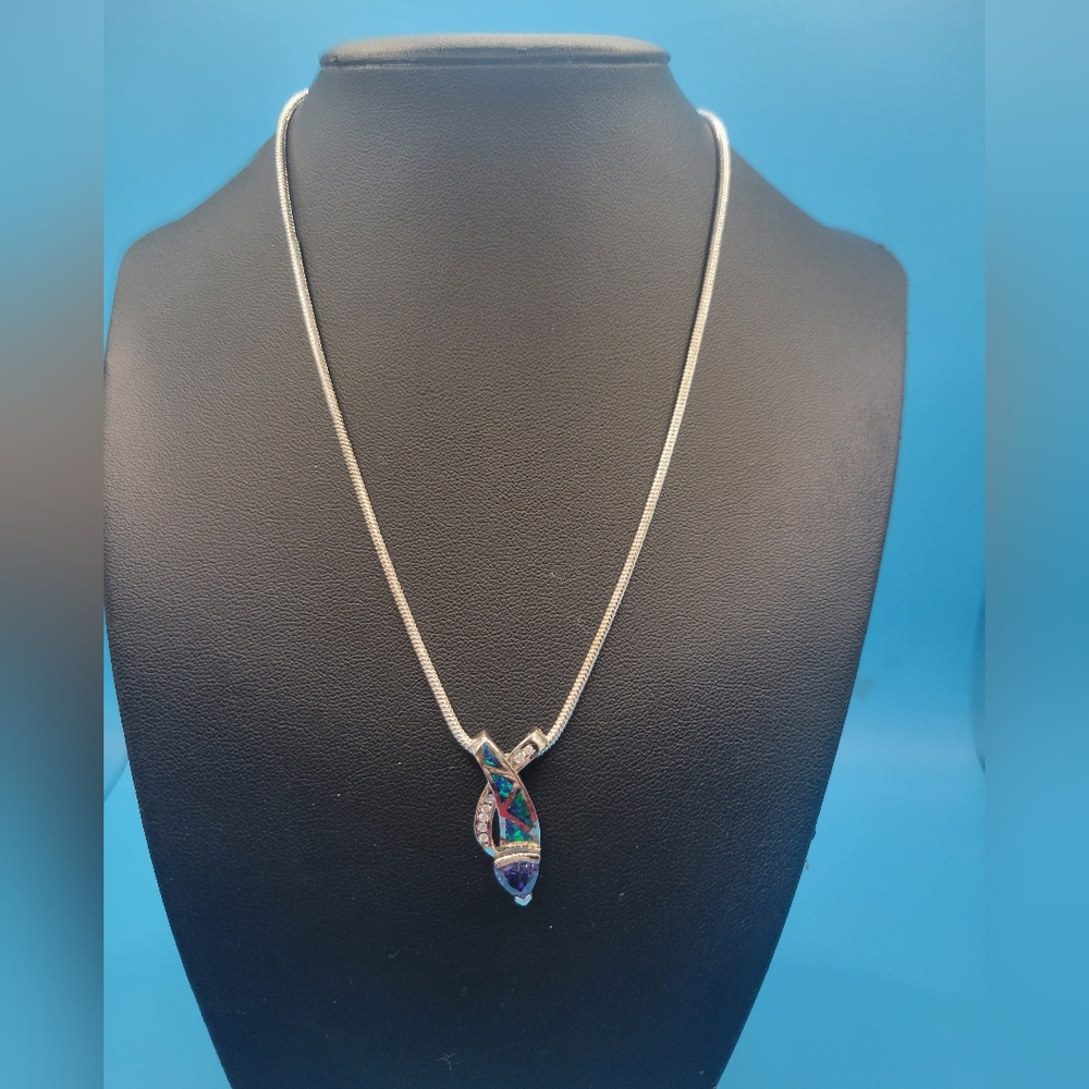 Sterling Silver Lab Created Opal And Tanzanite Criss Cross Necklace